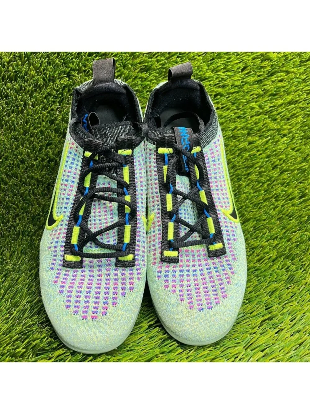 Nike Air VaporMax 2021 Flyknit Boys Size 4Y Green Blue Running Shoes Sneakers